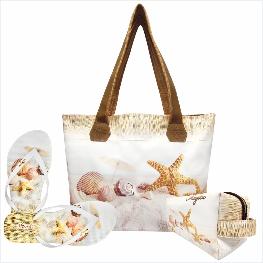 Kit Praia Feminino Bolsa Impermeável Necessaire e Chinelo Slim Estrela-do-Mar Magicc Bolsas KIT-029