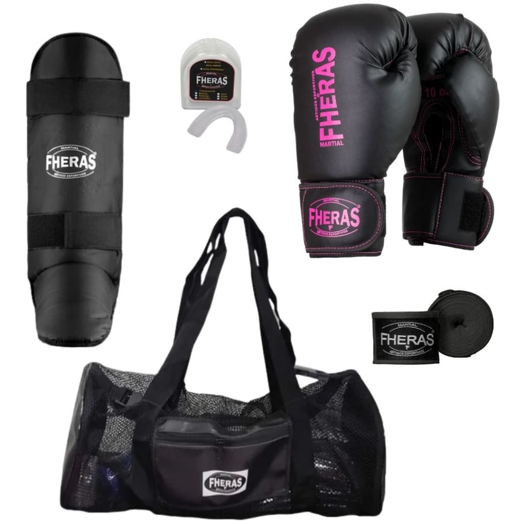 Kit Completo Muay Thai e Boxe  Fheras Luvas Estampadas com Bandagem Bucal Caneleira Mochila