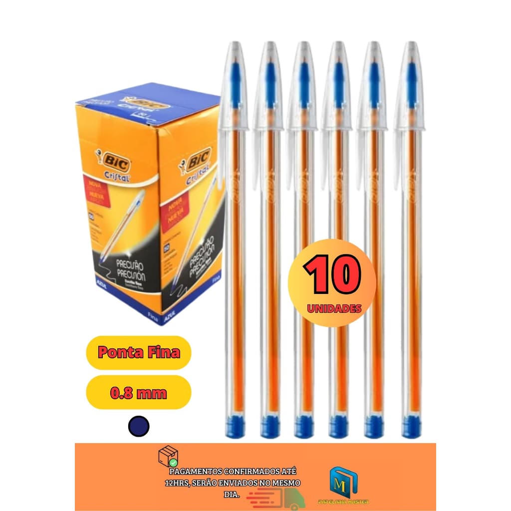 KIT PROMOCIONAL Caneta Bic Ponta fina Cristal Azul Esferográfica Fina - 10 Unidades