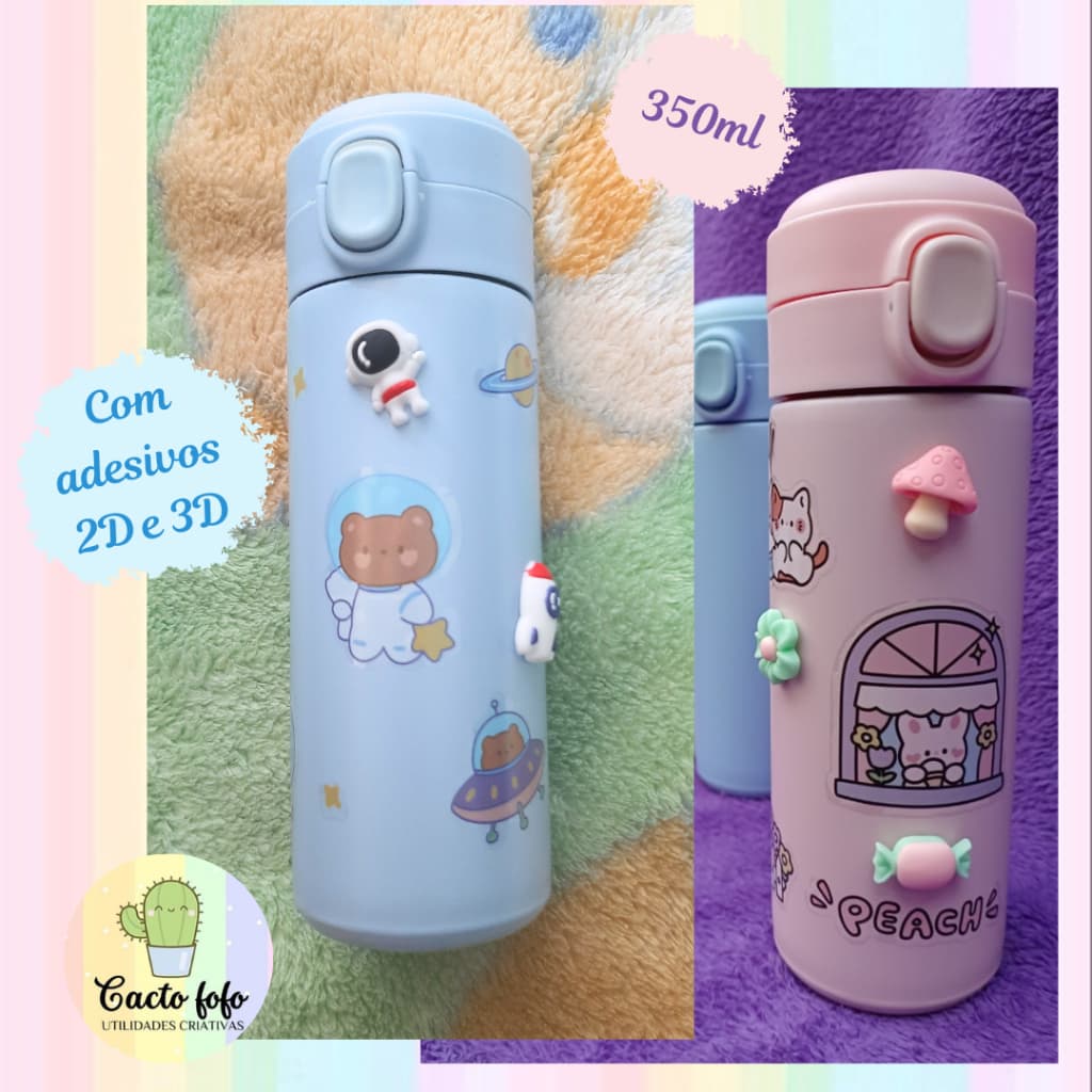 Garrafa térmica infantil 350ml Lancheira inox Inverno Frio Com adesivos