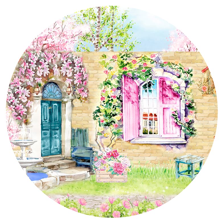Capa para painel de Festa Redondo 1,50 mts Malha Sublimado Jardim Floral Aquarela porta e janela