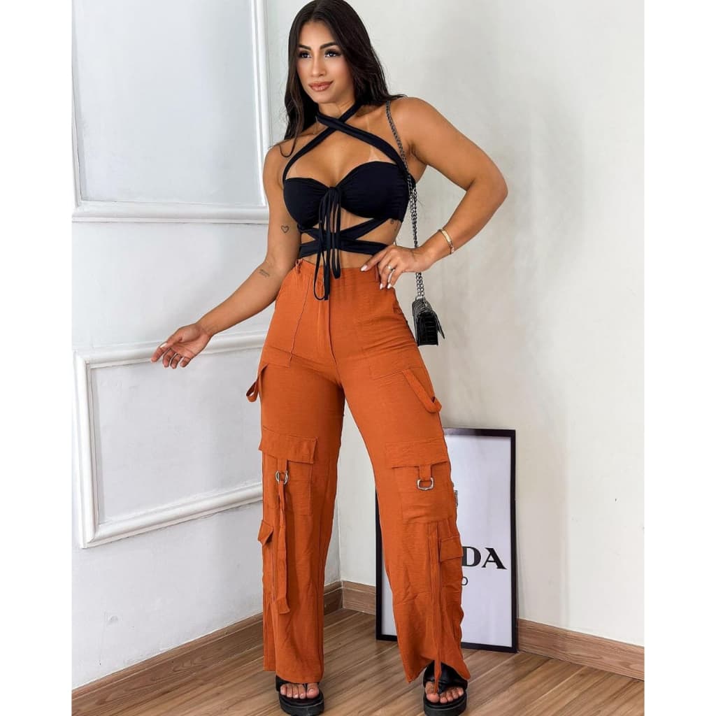 Calça Pantalona Cargo Premium Feminina Tecido Alfaiataria Marrom