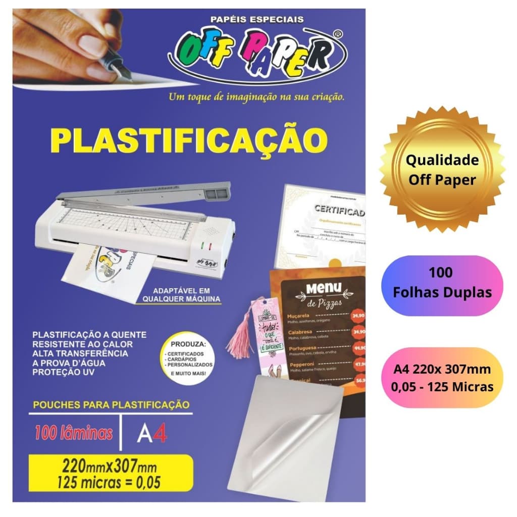 Plástico Para Plastificação A4 - POLASEAL 125 Micras 100 fls Off Paper