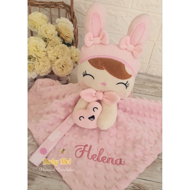 Naninha metoo coelha, plush,prendedor de chupeta opcional, personalizado