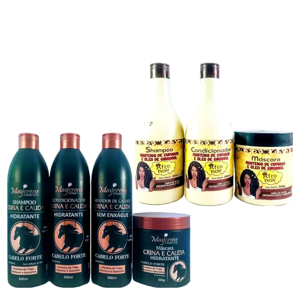 Kit Cabelo Afro + Kit Crina E Cauda (Shamp+Cond+Masc+Ativador de cachos) Maycrene 500g