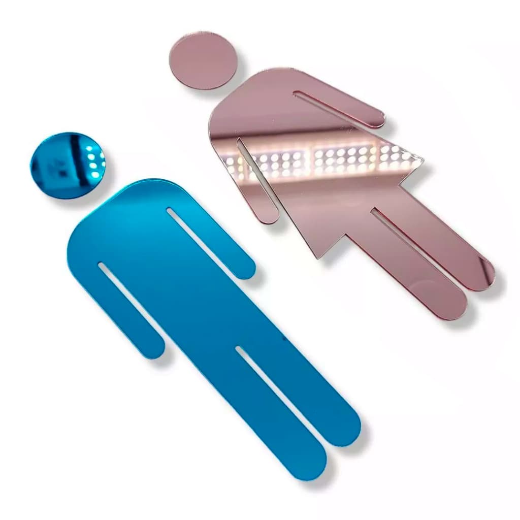 Espelho Decorativo Sinalização Banheiro Masculino Feminino Acrílico Azul Rose