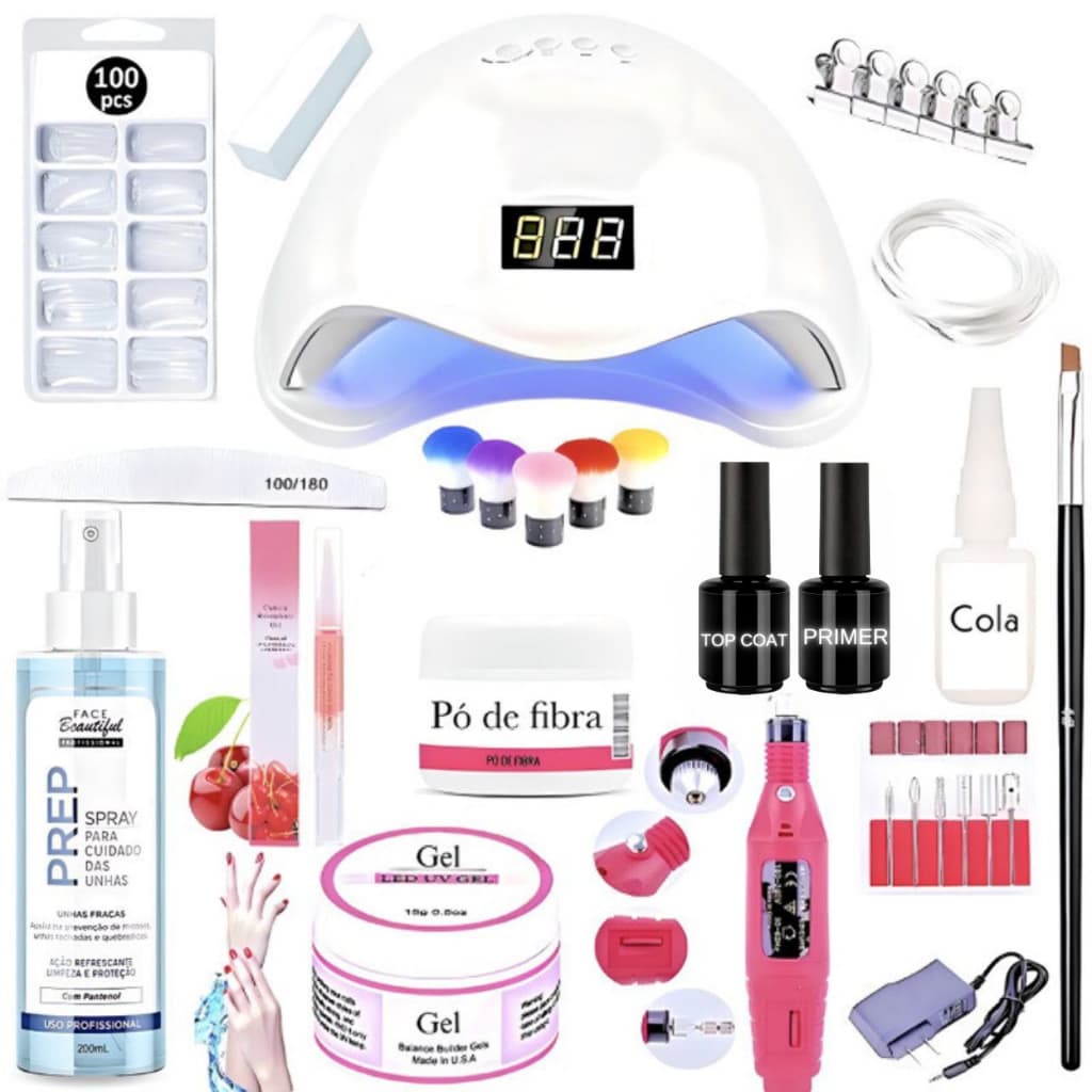 Kit de Unhas Gel Completo Acrigel Acrílico Fibra Porcelana Nº 46