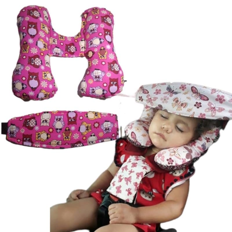 Almofada de pescoço infantil e faixa apoio de cabeça.