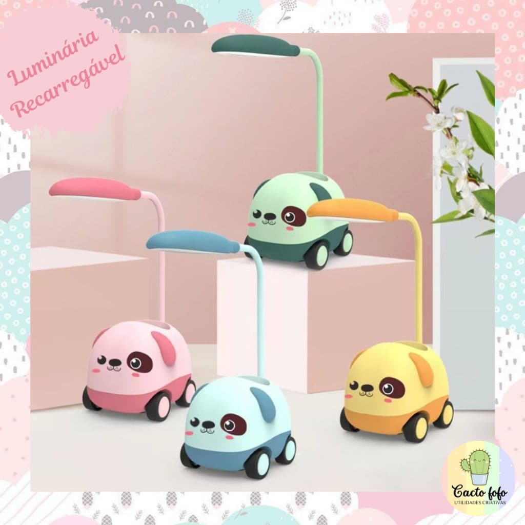 Luminária Infantil Bebe Cachorrinho Carrinho Recarregável Kawaii Com porta lápis e apontador, USB Verde, Azul, amarela e Rosa, menina, menino, infantil e adulto, LED, Abajur, Bebe