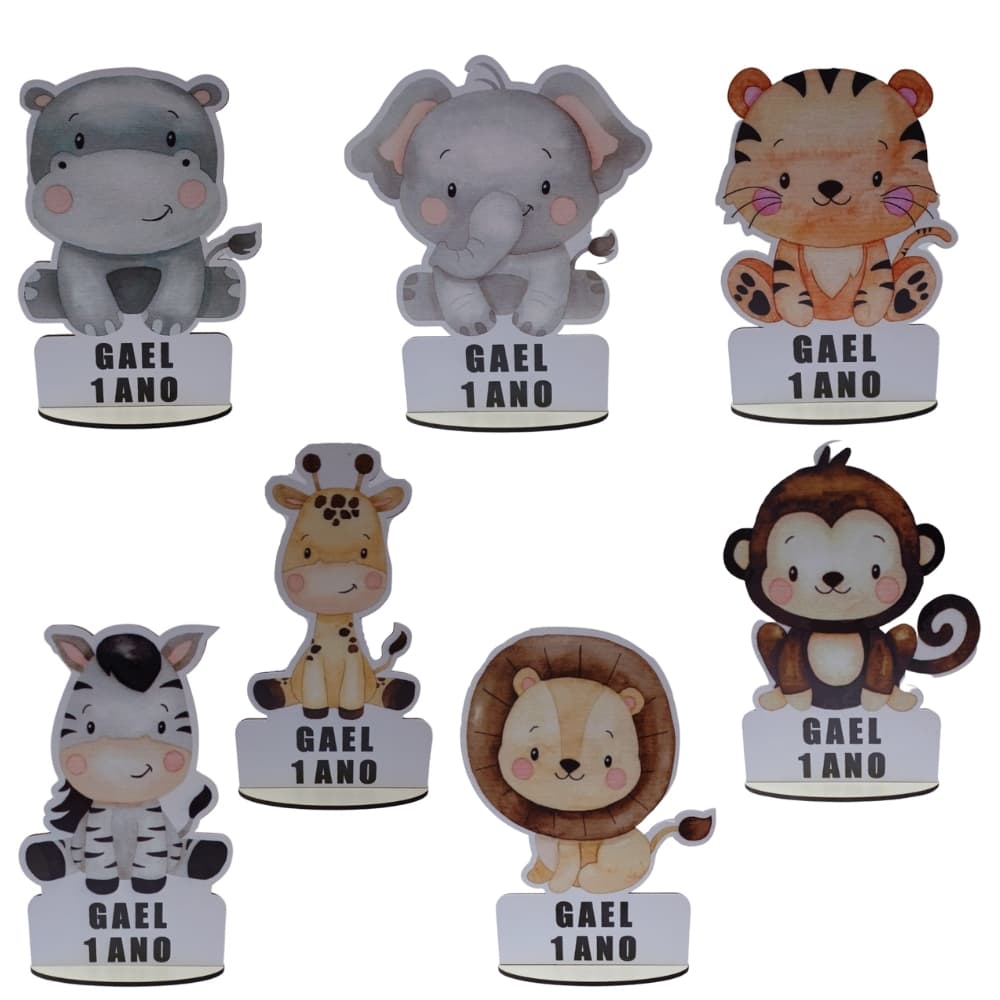 Kit 7 Centro de Mesa Safari Personalizado Nome e Idade 15cm Altura