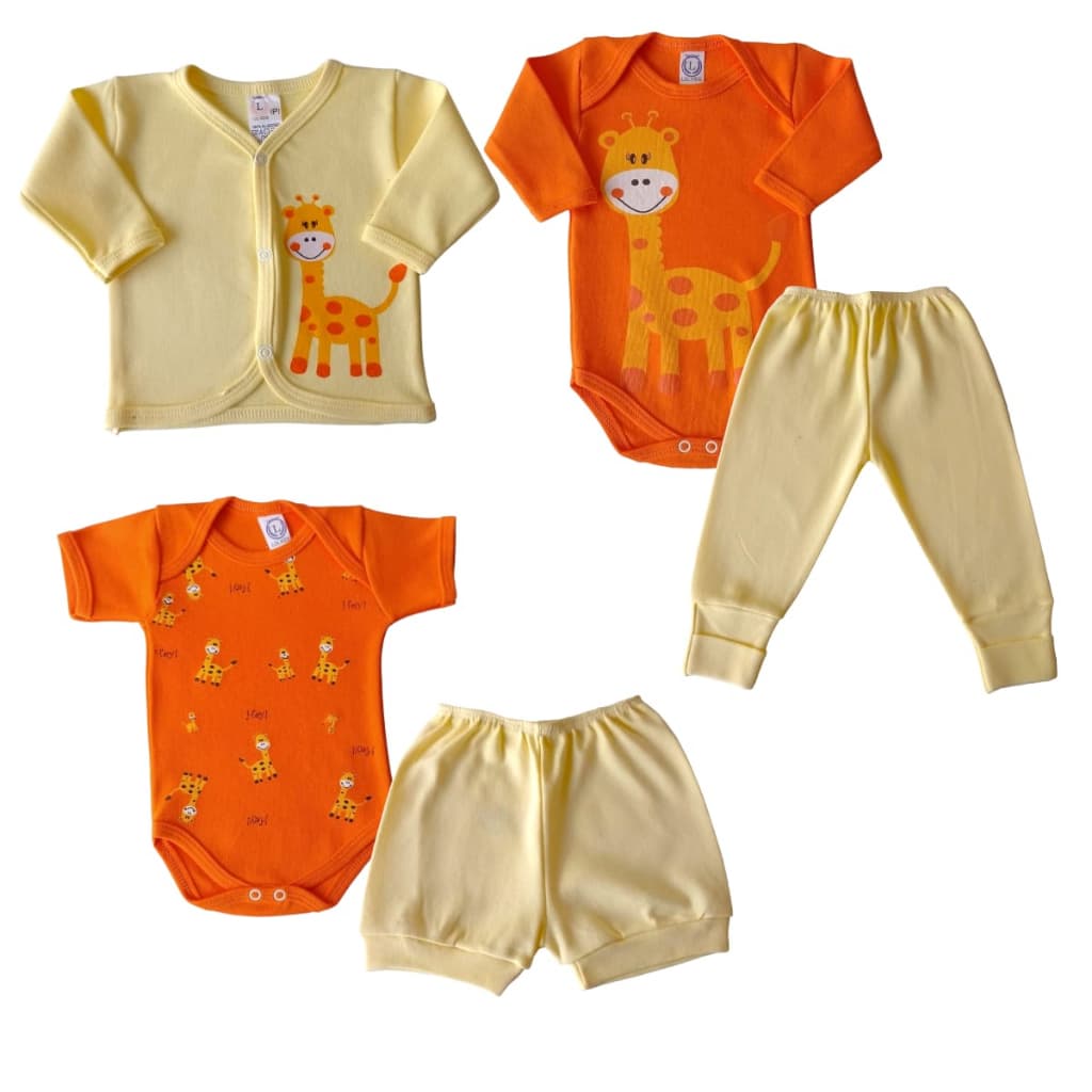 Kit 5 Peças - Casaco + 2 Bodys + Calça + Short Bebê Girafa Safari