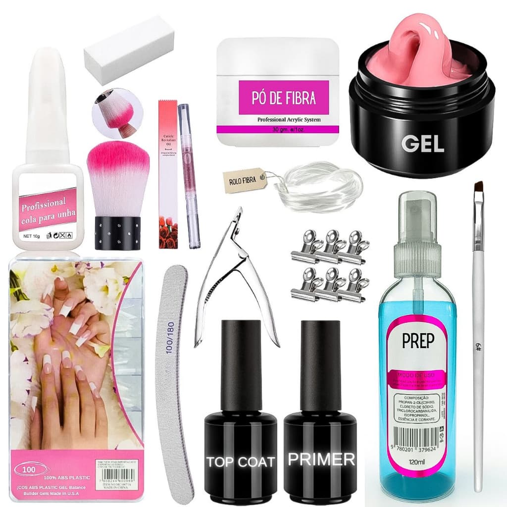 Kit Unhas Gel  Acrigel Fibra Porcelana Manicure Top Coat Primer Nº 62