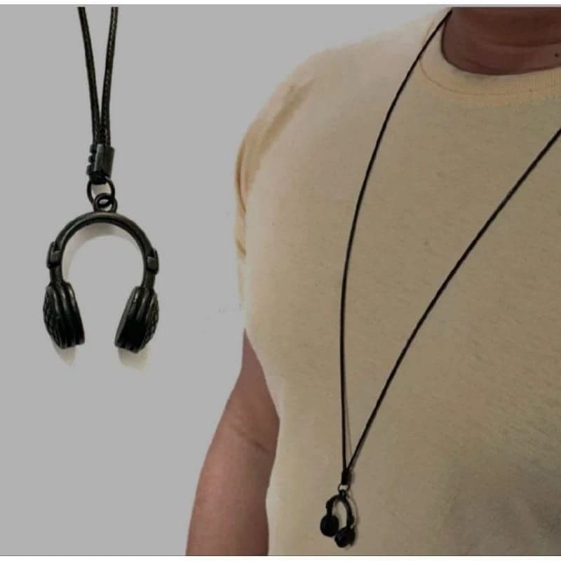 Colar Pingente Fone  De Ouvido Preto Música Masculino Feminino Cordão Ajustável