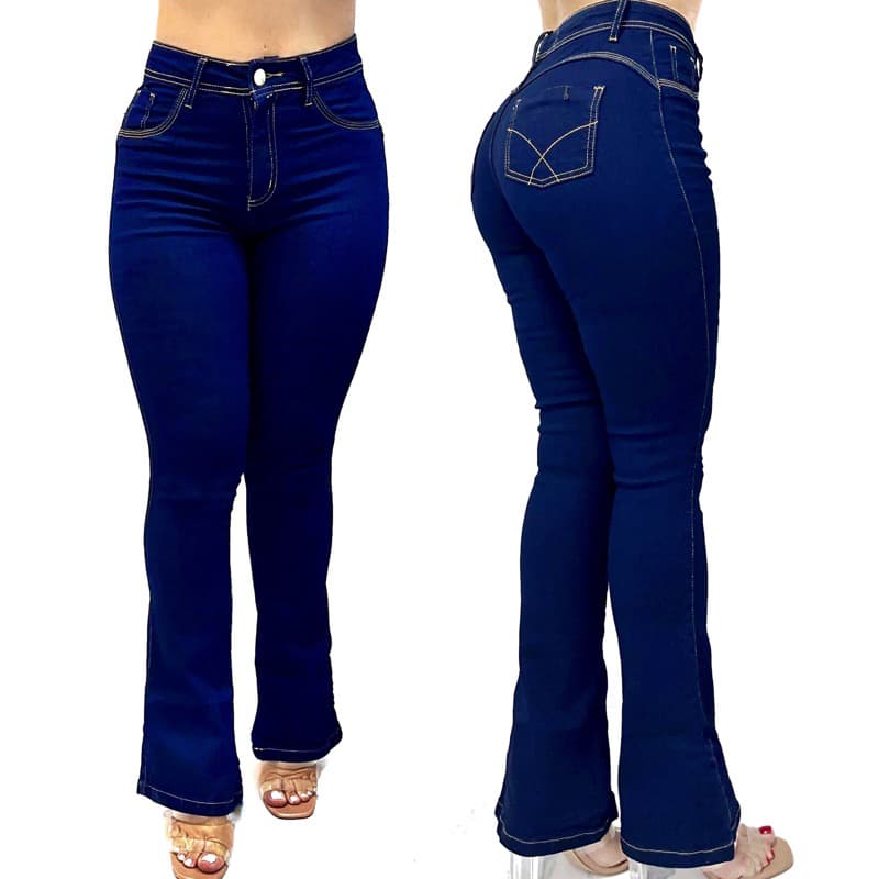 Calça Flare Azul Feminina Cintura Alta Com Lycra Calça Jeans Boca de Sino Modela Bumbum