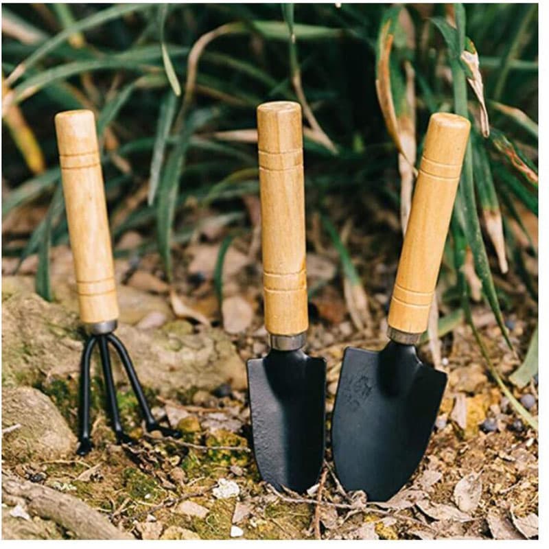 Ferramentas Para Jardinagem Cabo de Madeira - Kit Com 3 Peças - 1 Rastelo + 2 Pás para Jardim