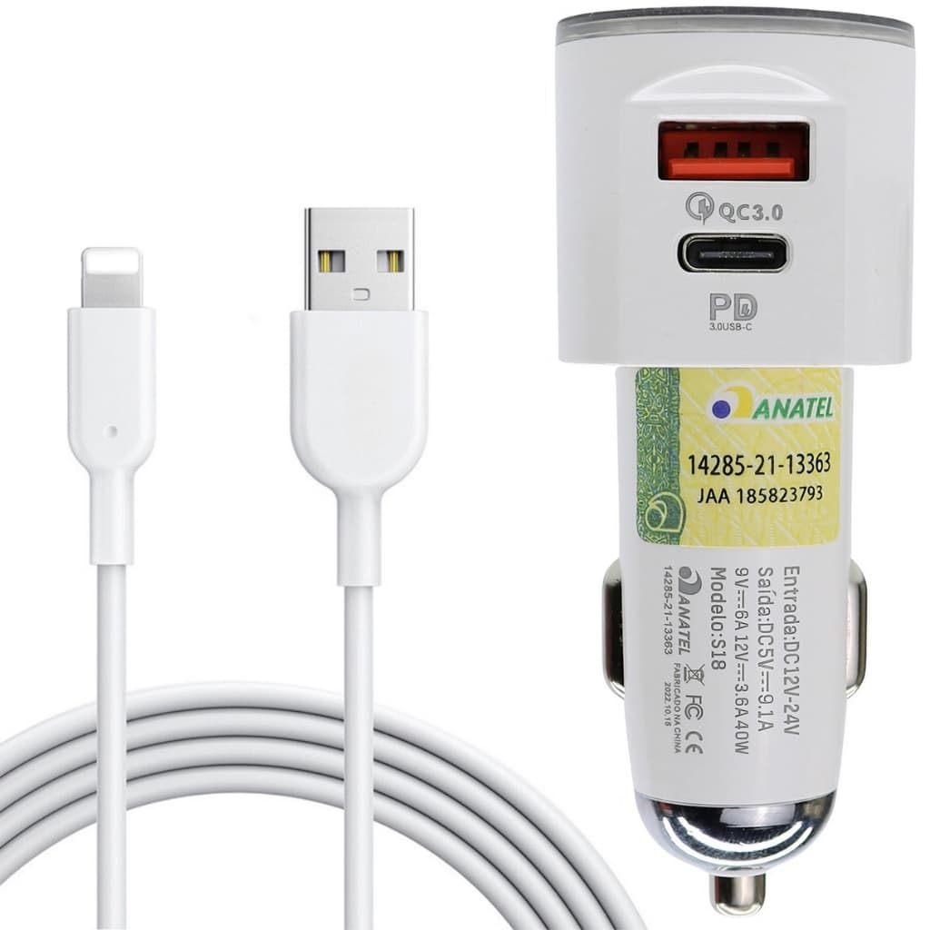 Carregador Celular Carro Automotivo Para iPhone Tomada USB Veicular Dupla Saída USB C Tipo C Completo Com Cabo Lightning Compatível iPhone 14 Abaixo
