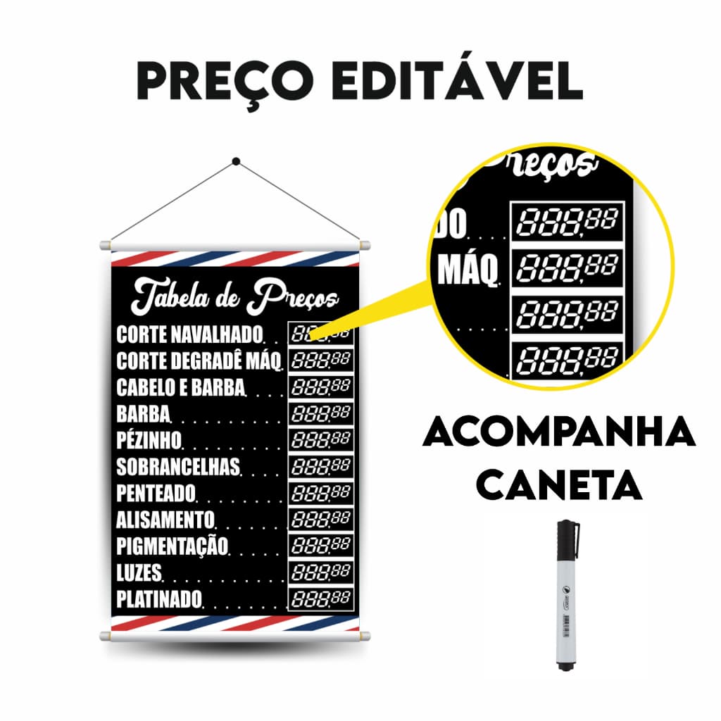 Banner Barbearia Tabela de Preços Editável 40x60cm Envio Rápido + Kit Caneta