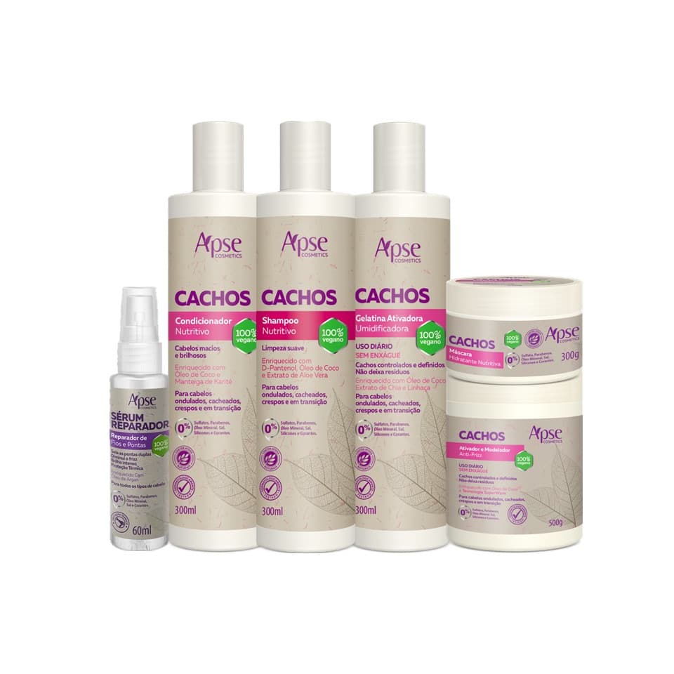 Kit Cachos - Shampoo Cond Gelatina Máscara e Ativador + Reparador de Pontas Apice
