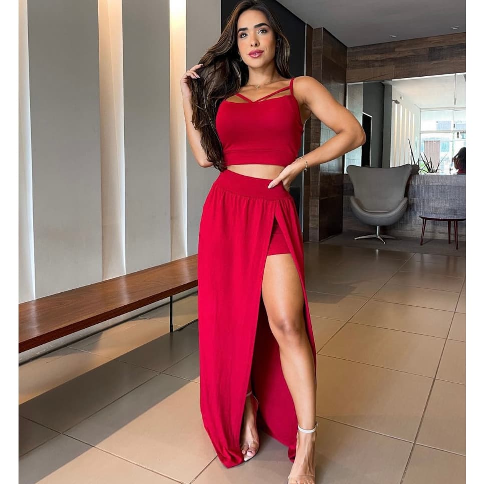 Conjunto Feminino Saia longa com Shorts E Cropped Festas fim de ano reveillon