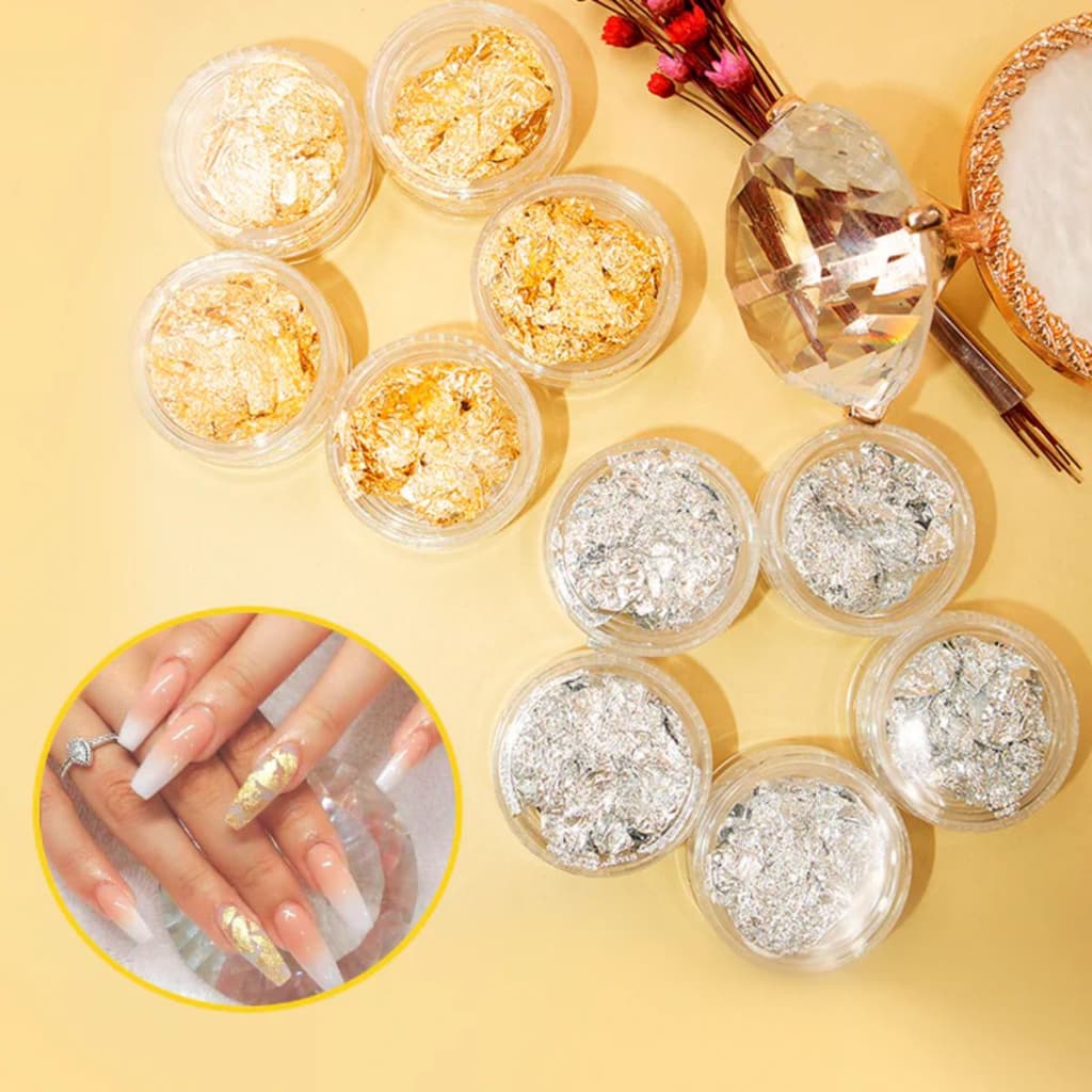 Kit c/10 Potinho Individuais De Folha De Ouro/Prata Para Decoração De Unhas