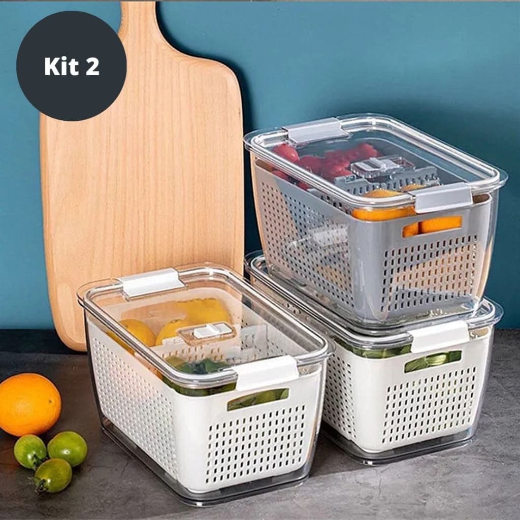 Kit 2 Caixa Organizadora De Geladeira Acrilico Cesto de Drenagem Divisória Frutas Alimentos Cozinha