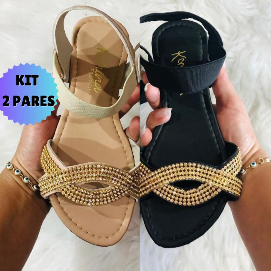Sandália Feminina Rasteirinha Rasteira Feminina Kit 2 Pares Confortável Brilho Elástico Calcanhar Dia a Dia