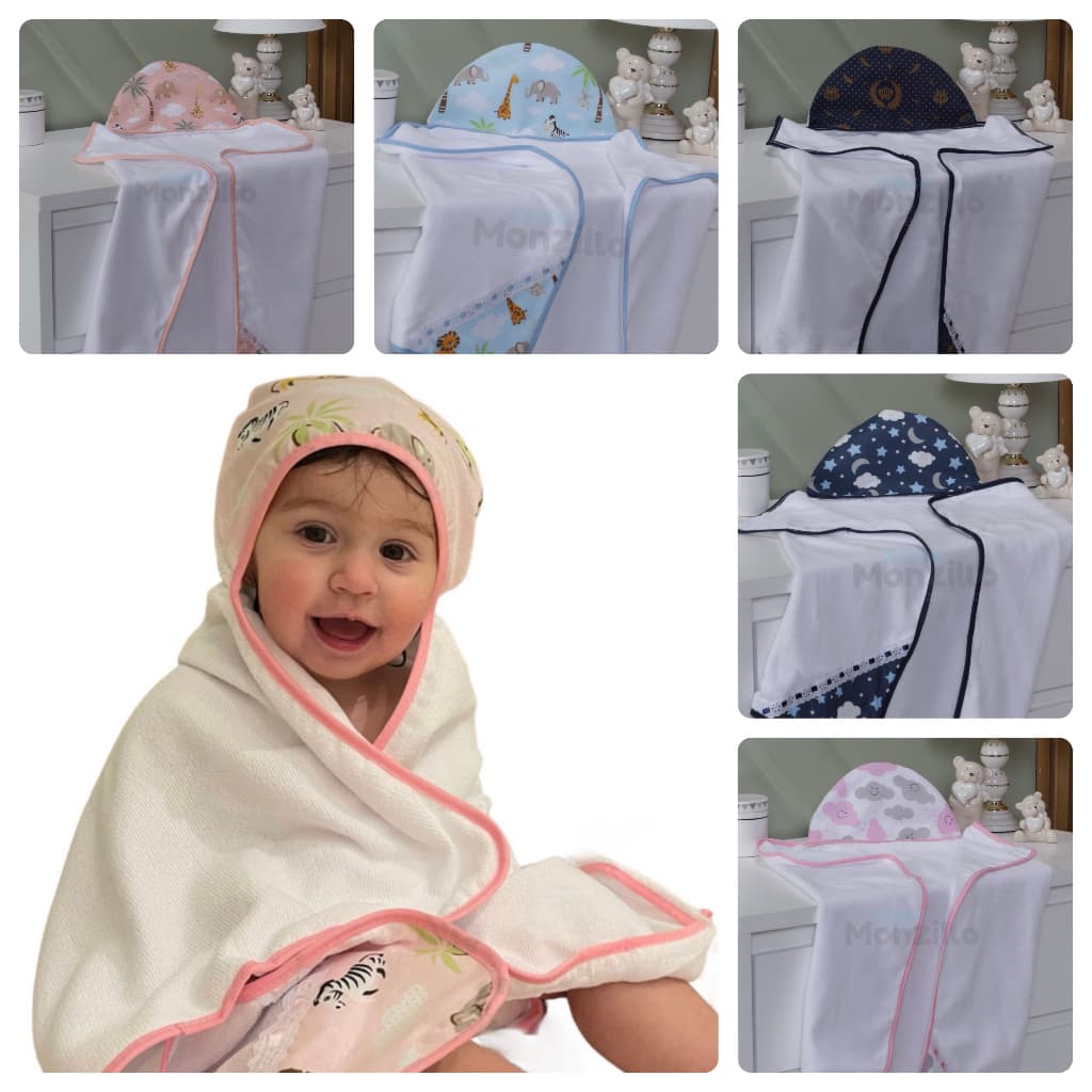 Toalha De Banho Bebe Dupla Face 85x70cm Com Capuz Forrada com Fralda 100% Nacional Original