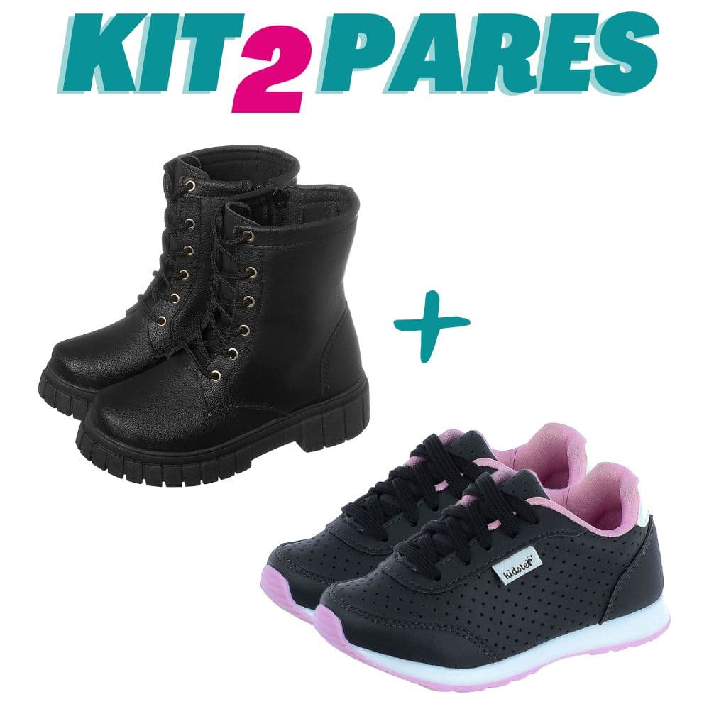 Kit 2 Pares Tênis Infantil Feminino Escolar Preto e Coturno Preto Kidstep
