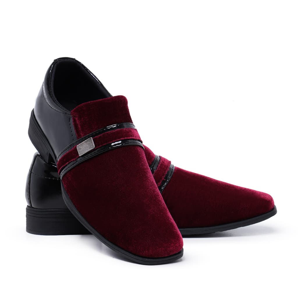 Sapato Social Masculino 108 Bordô Veludo Conforto Estilo Italiano Bico Quadrado