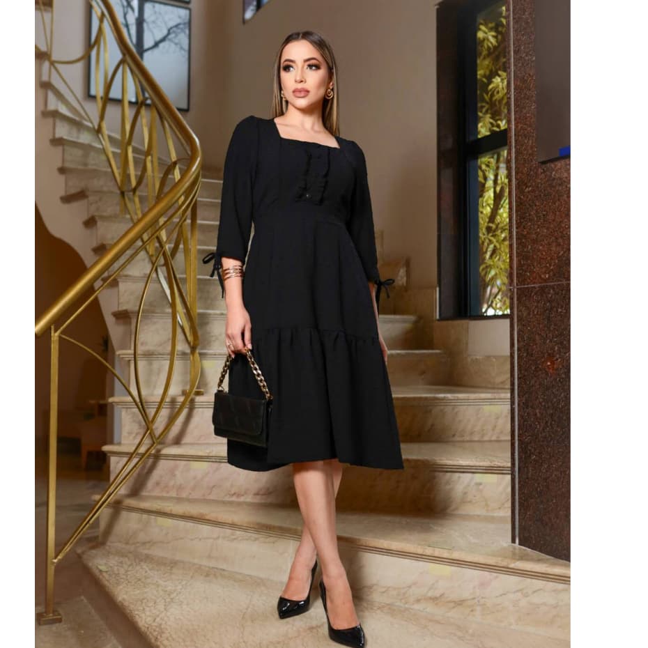 L.L.MODAS FEMININA vestido midi com manga tecido duna pipoquinha