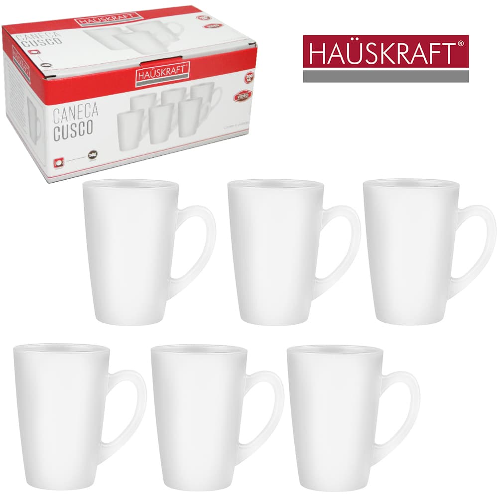 JOGO DE CANECA DE VIDRO PARA CAFE / CAPPUCCINO CUSCO BRANCO HAUSKRAFT 6 PECAS 200ML