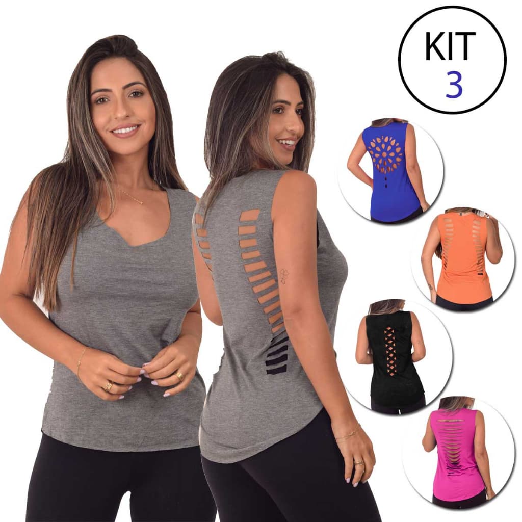 Kit 3 Regata Fitness Feminina Academia Recorte Duplo a Laser Camiseta Treino Estilo e Conforto