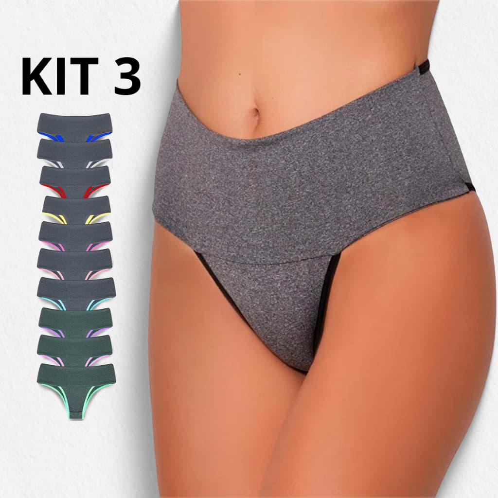 KIT 3 Calcinha Modeladora Cintura Alta e Fio Duplo Segura Barriga