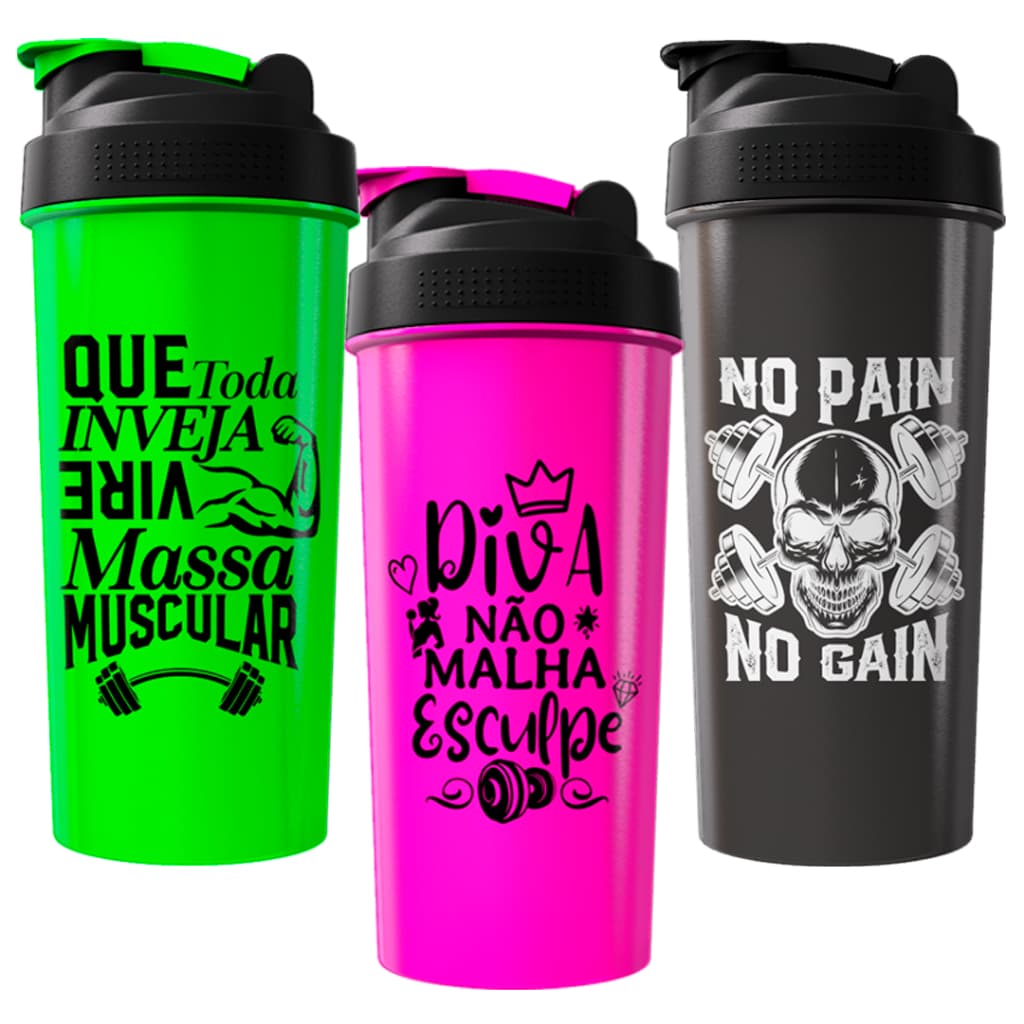 Kit 03 Coqueteleira 600ml  Shaker Academia Musculação