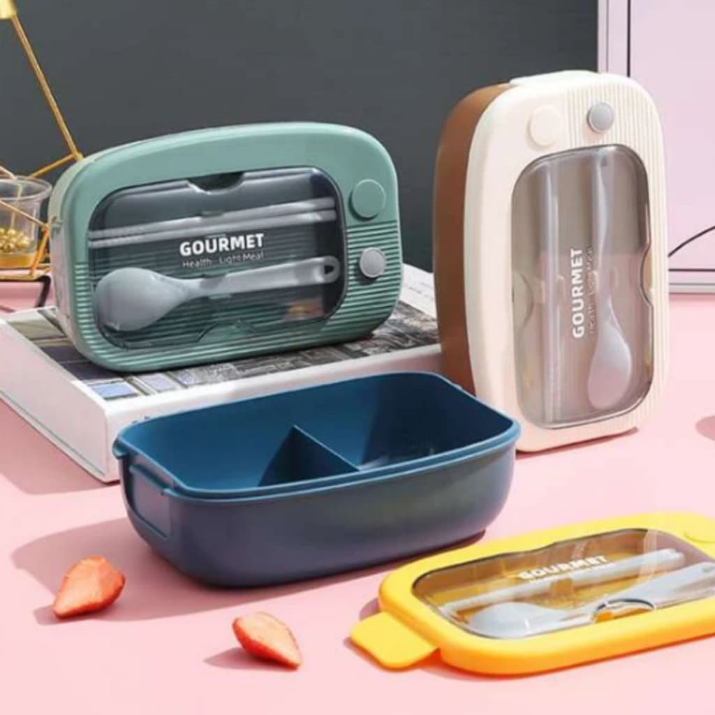 Marmita Com Divisória E Talher Fit Dupla Lancheira Fitness Lunch Box Trava Plástico Volta As Aulas