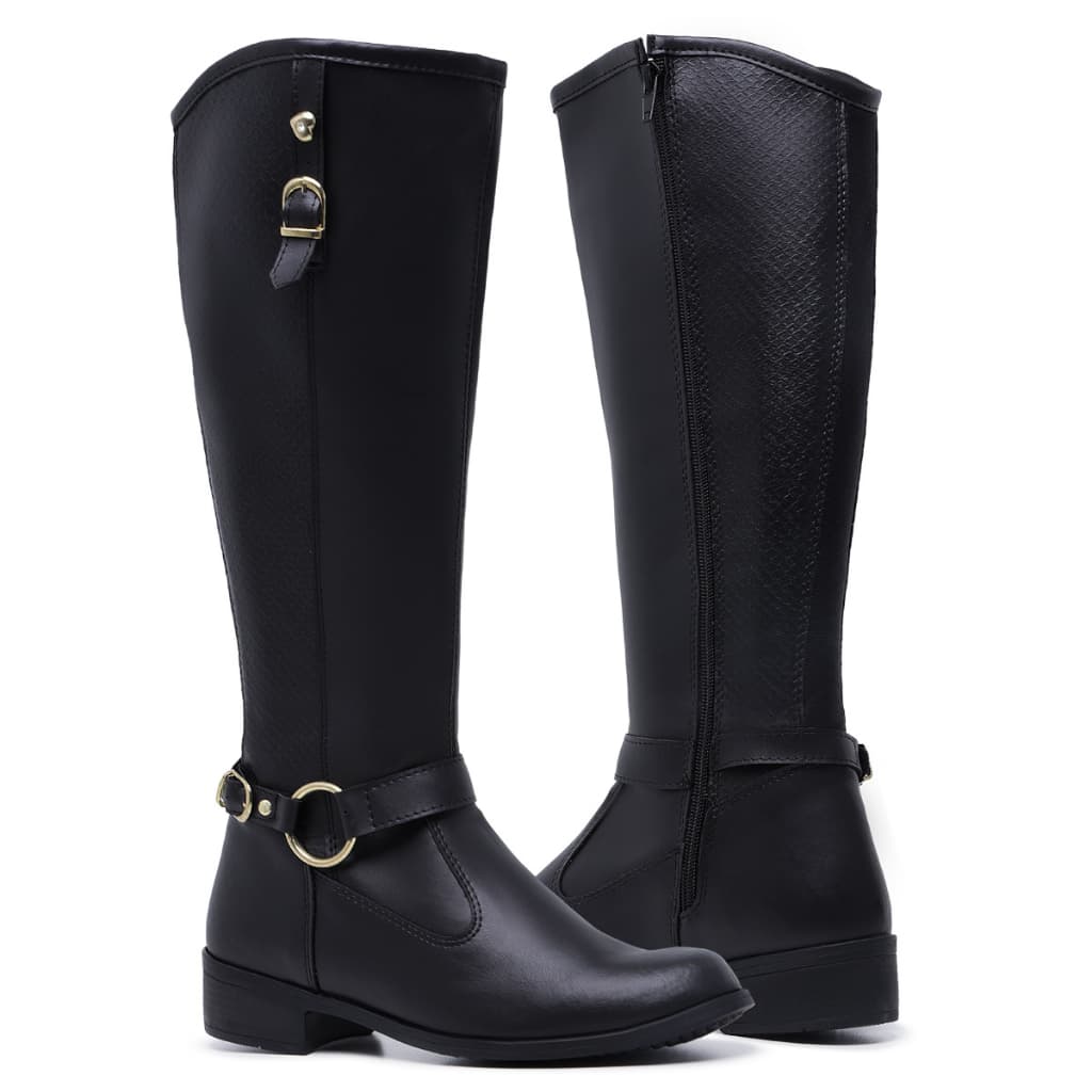Bota Feminina Montaria 11080 Cores Com Fivela Confortável Casual Cano Alto Com Zíper Lateral