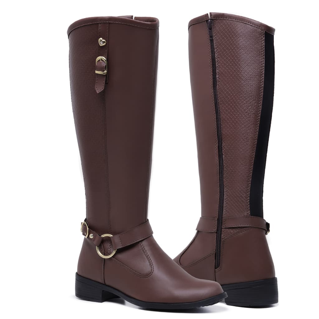 Bota Feminina Montaria 11080 Capuccino Com Fivela Confortável Casual Cano Alto Com Zíper Lateral