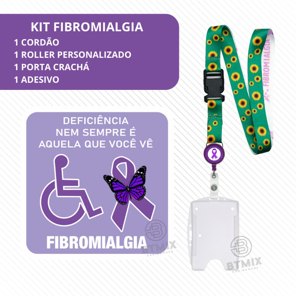Kit Cordão Girassol Fibromialgia com Porta Crachá e Adesivo