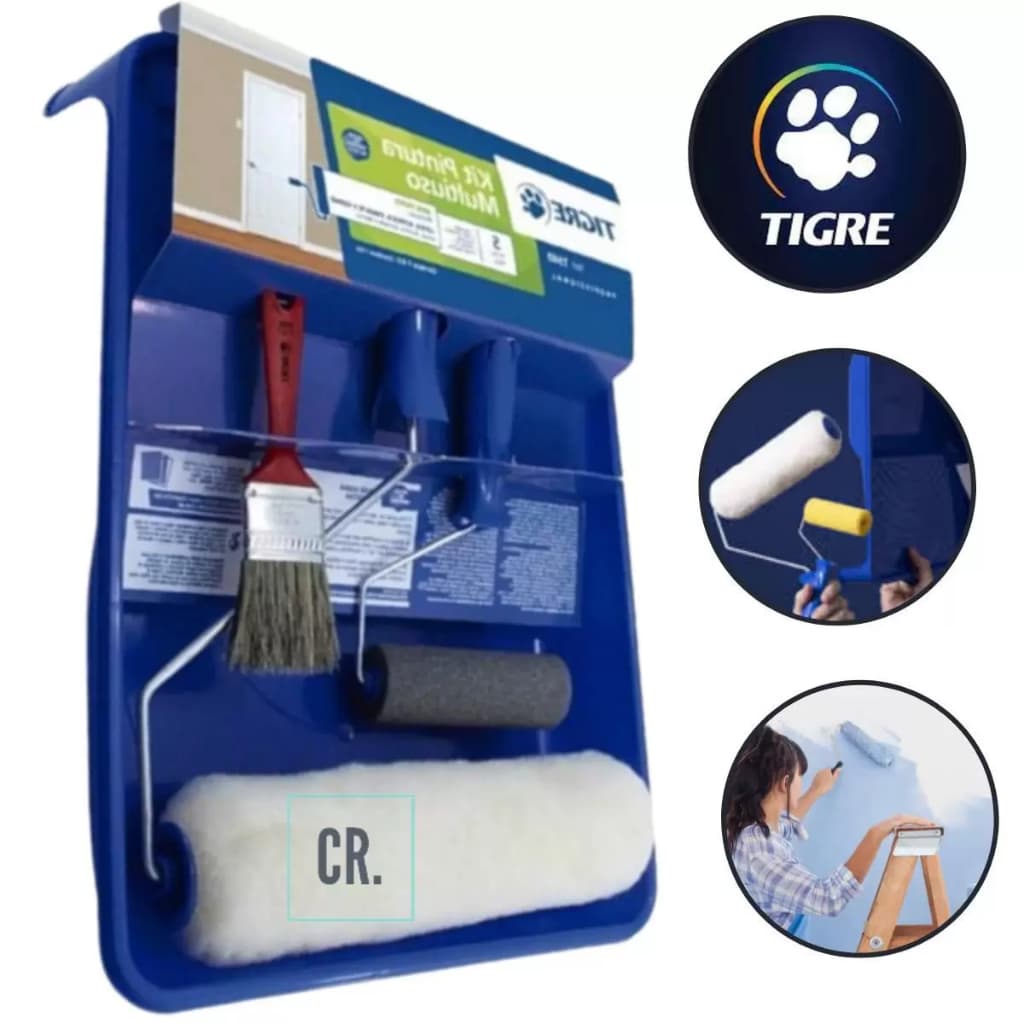 Kit Pintura Multiuso 5pc Bandeja + Rolo Sintético + Suporte + Pincel + Rolo Espuma - TIGRE
