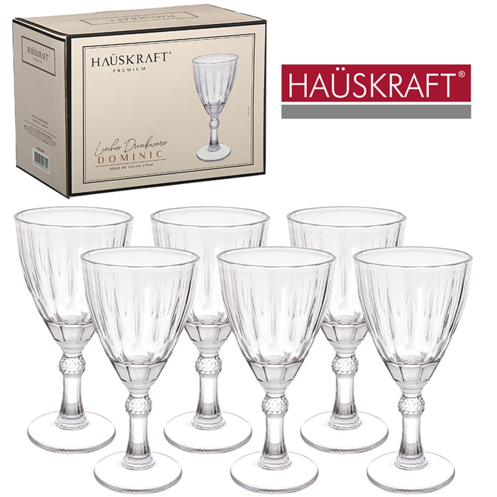 JOGO DE TACA DE VIDRO PARA VINHO / AGUA DOMINIC HAUSKRAFT PREMIUM COM 6 PECAS 275ML