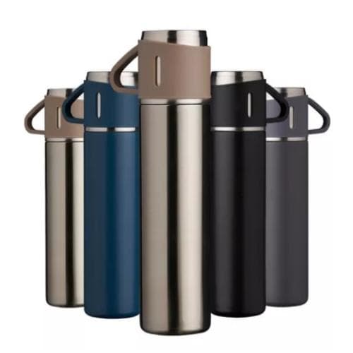 Kit Garrafa Térmica com 3 xícaras Embalagem bonita Tampa vira xicara 500ml