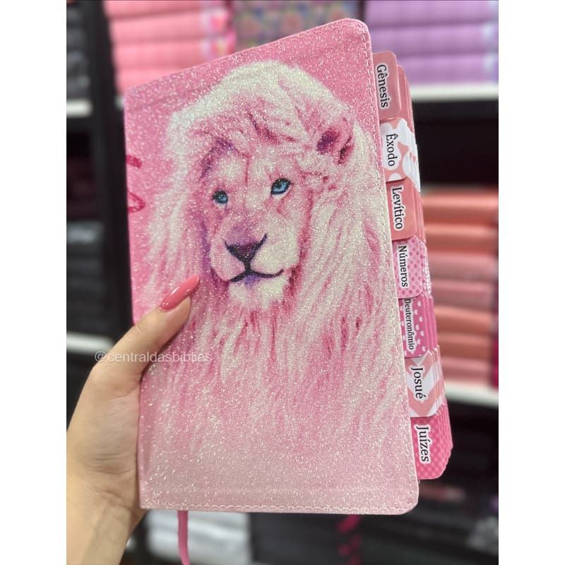 Biblia ARC Glitter 100% Leão Rosa bebê com Abas já coladas