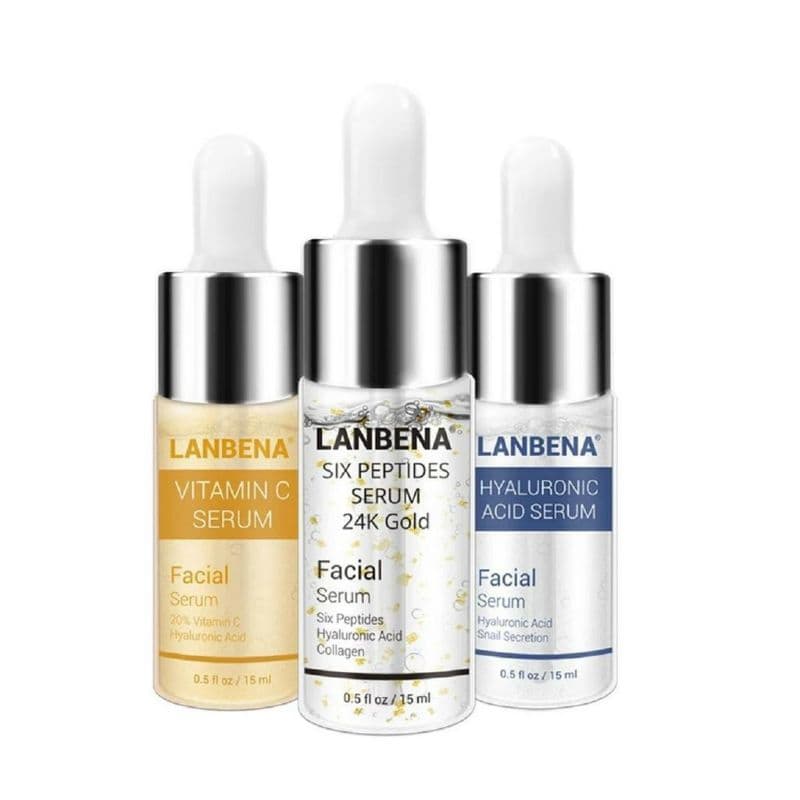 KIT COMPLETO:1 VITAMINA C 20% 15ML + ÁCIDO HIALURÔNICO 15ML + 1 COLÁGENO 6 PEPTÍDEOS 24K OURO 15ML VITAMINA C 20% LANBENA vitamina C