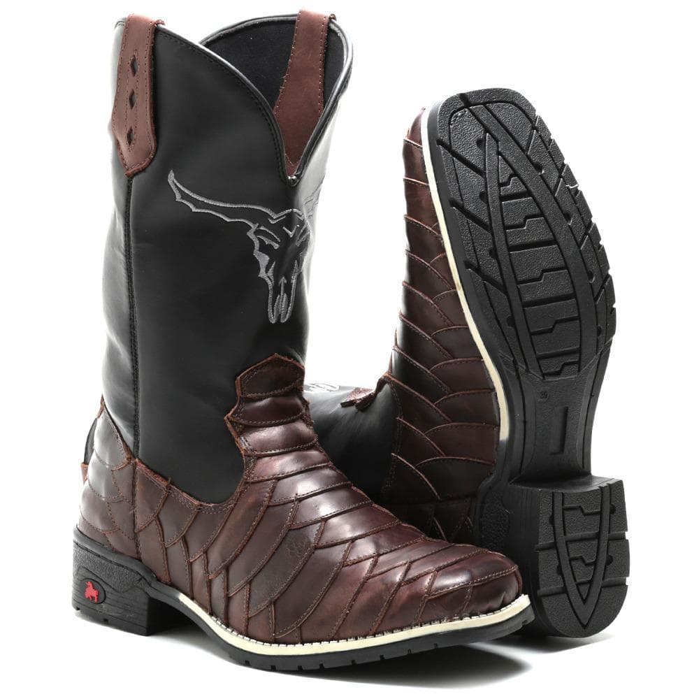 Bota Texana Country De Couro Legítimo Masculina - Café Escamado e Liso - Preto Escamado e Liso