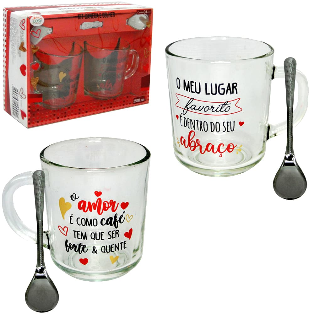 Caneca de Vidro + Colher 250ml - Dia dos Namorados