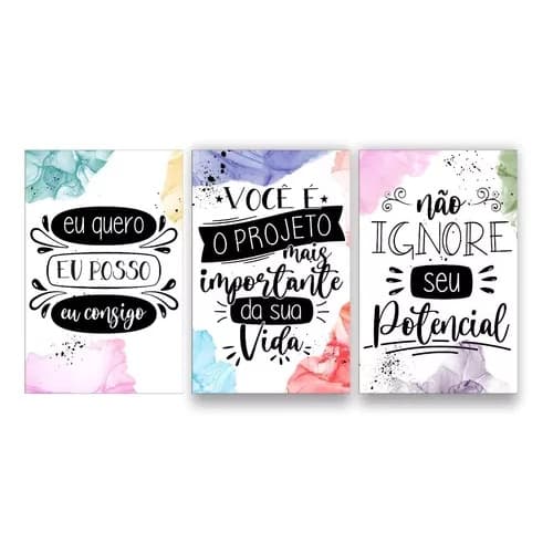 Kit 3 Placas Quadros Decorativos Mosaico Eu Quero Eu Posso Eu Consigo Motivacional Decoração Sala Escritório Quarto