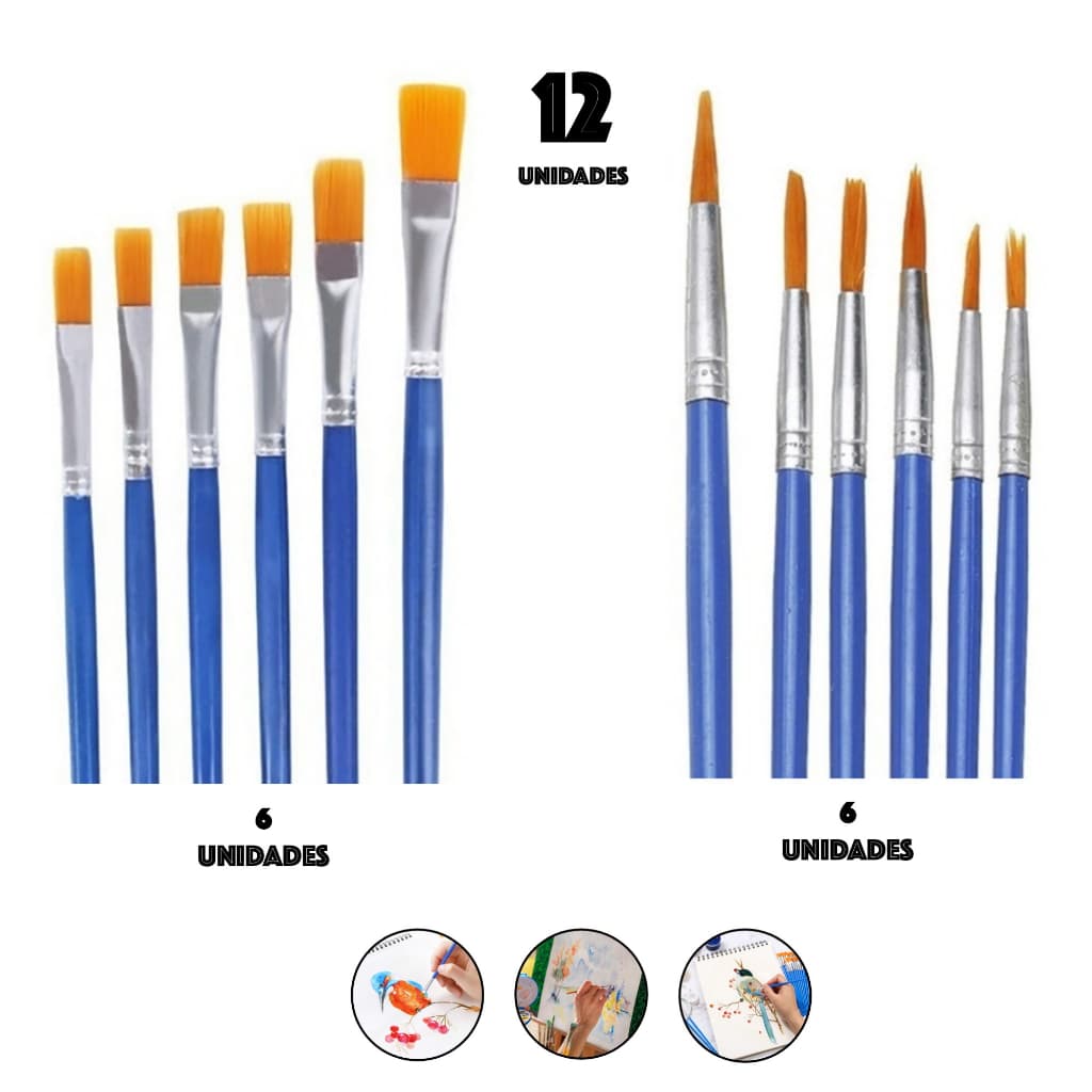 Kit 12 Pincéis Artesanato Pintura Ponta Fina Redonda E Chato