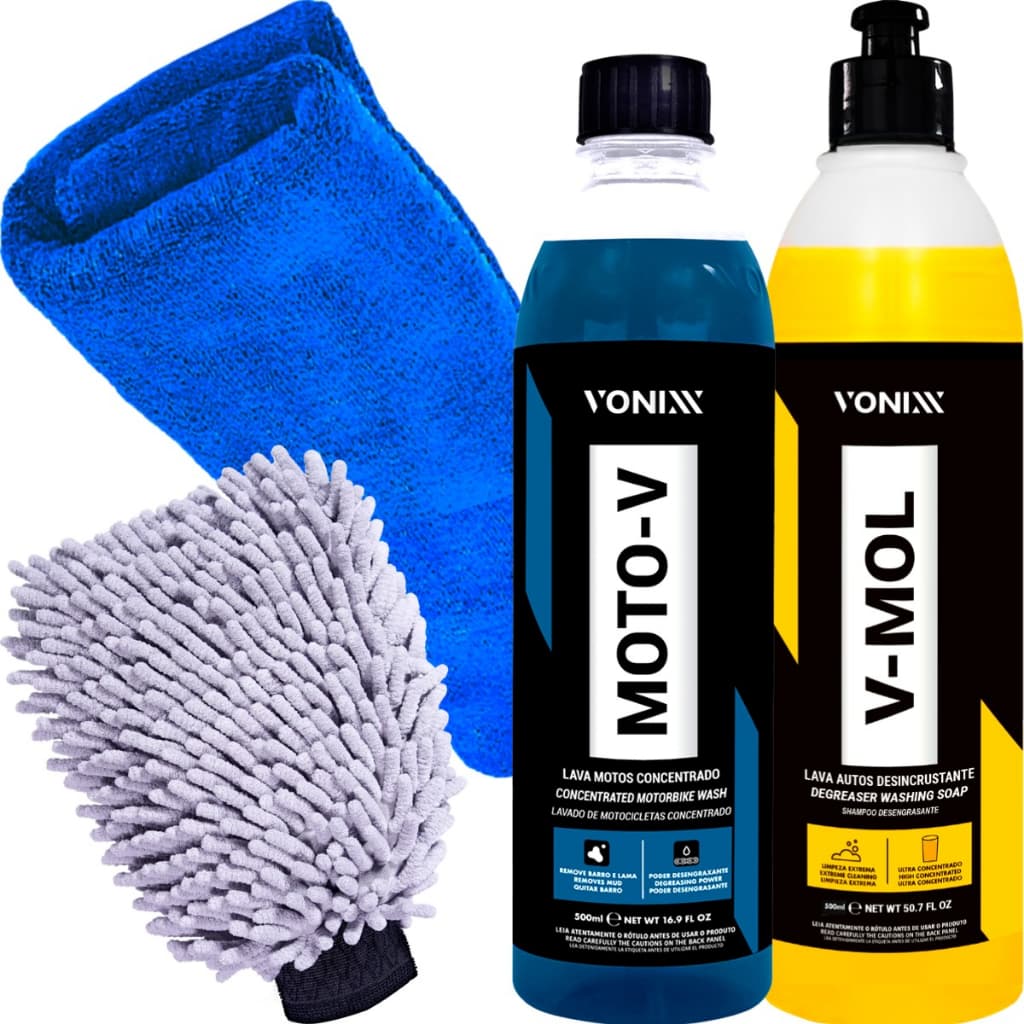 Kit Shampoo Lavagem Automotiva Moto-V Desengraxante Remove Graxa V-Mol Limpa Barro Lama 500ml