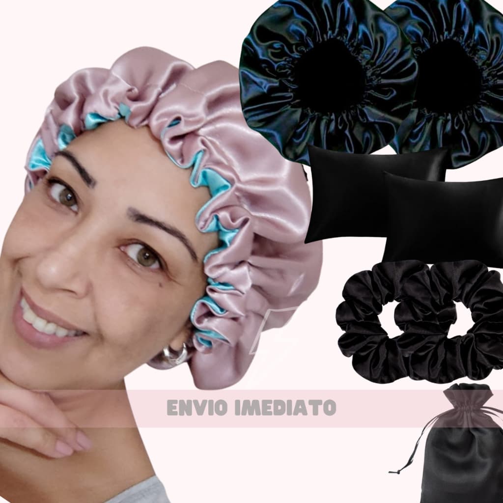 Kit 2 Fronha De Cetim Seda + 2 Toucas Dupla Face + 2 Xuxinhas + Sacola de cetim