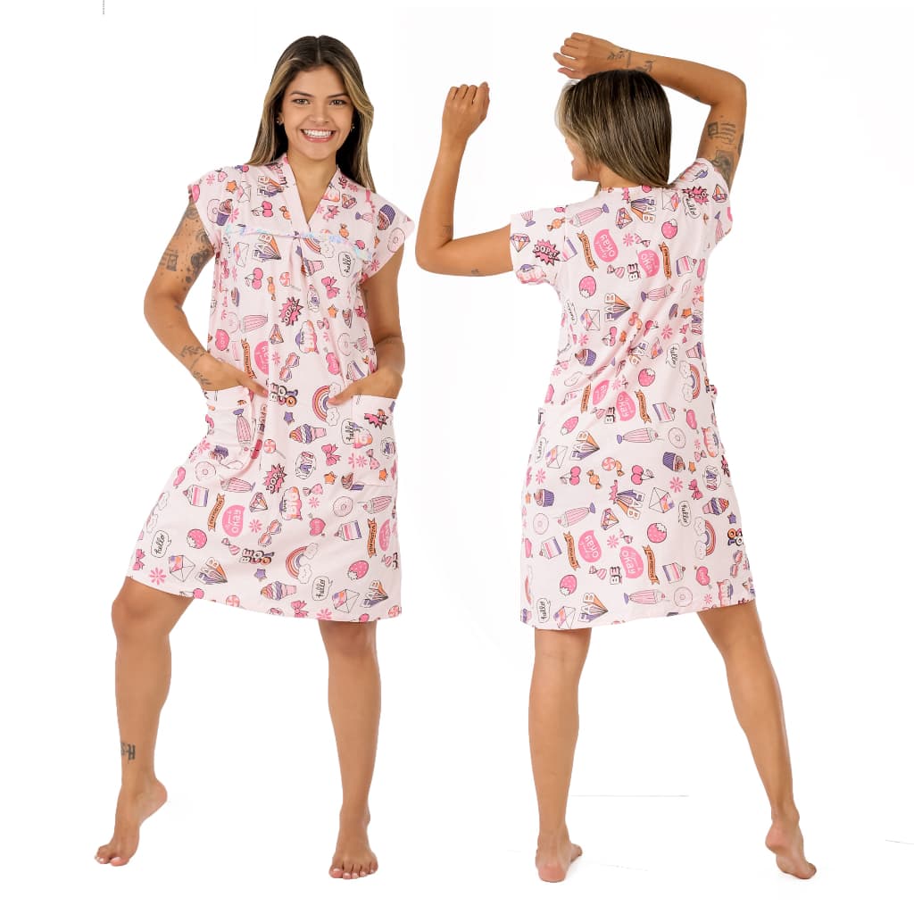 Kit 2 Camisola 100% Algodão Macia e Confortável Vestido Senhora Roupas de Dormi Bata Robi Tecido